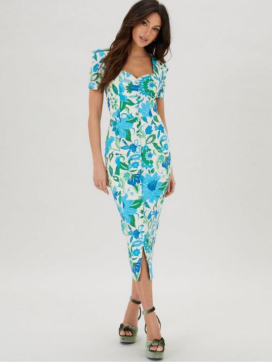 front image of michelle-keegan-sweetheart-fitted-printed-midi-dress-multi