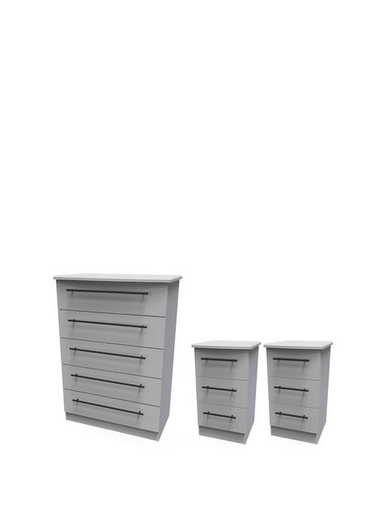 front image of swift-hayle-3-piece-package-5-drawer-chest-and-2-bedside-chests