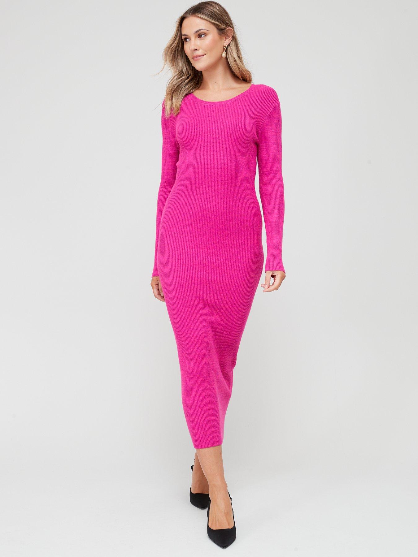 V by Very Knitted Rib Midi Dress Pink littlewoods