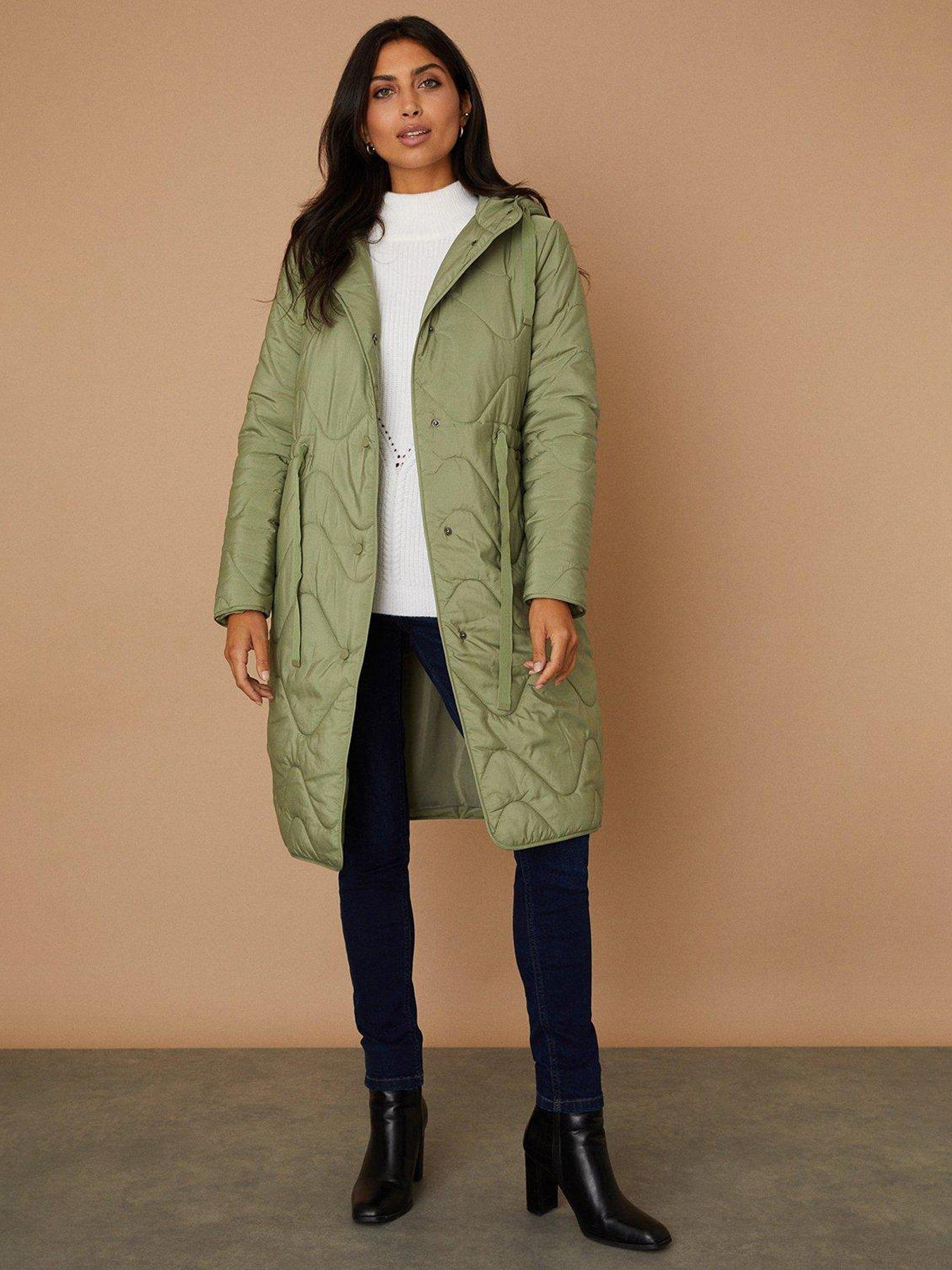 Wallis Drawcord Waist Hooded Quilted Coat - Green | littlewoods.com