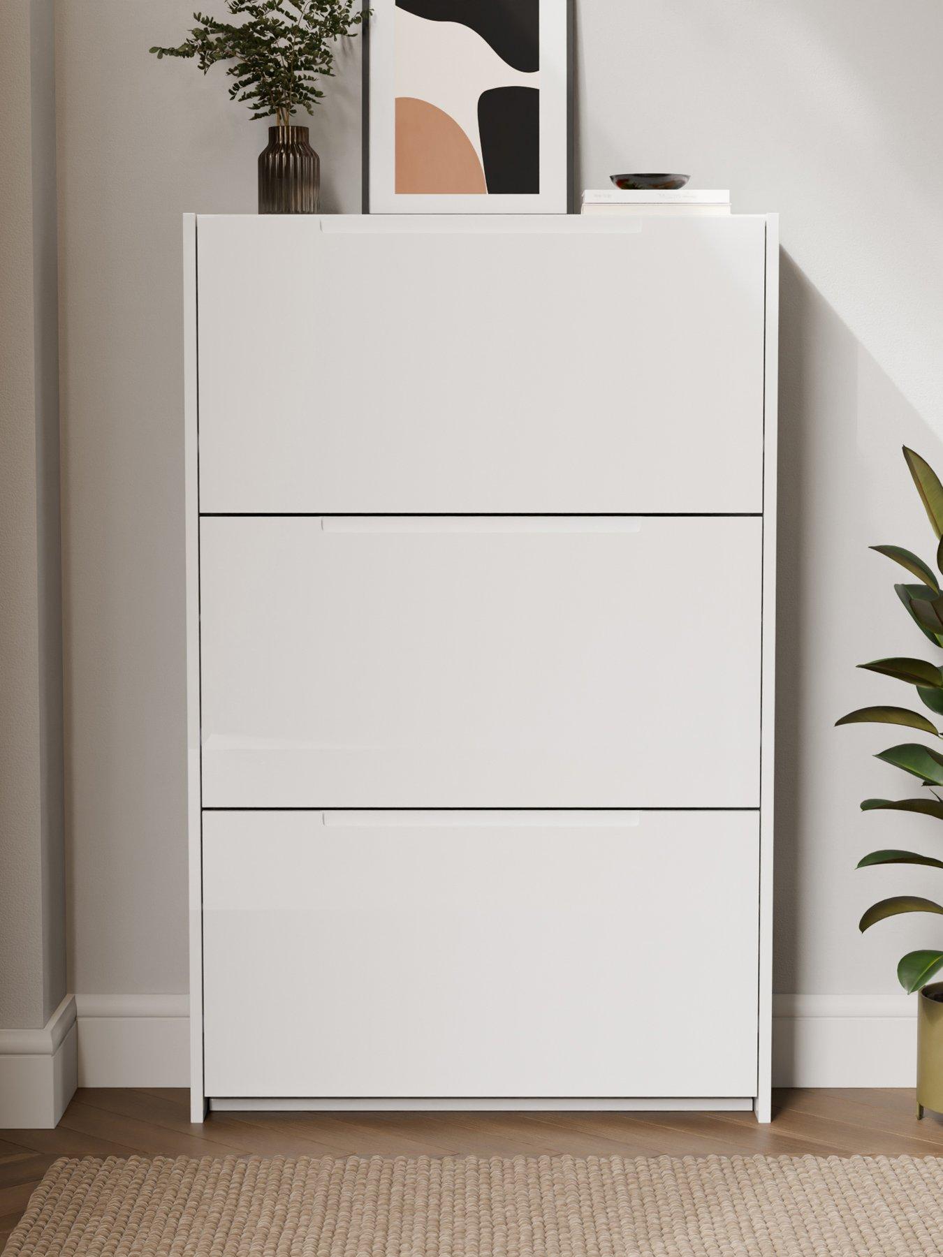 GFW Narrow High Gloss 3 Tier Shoe Cabinet - White