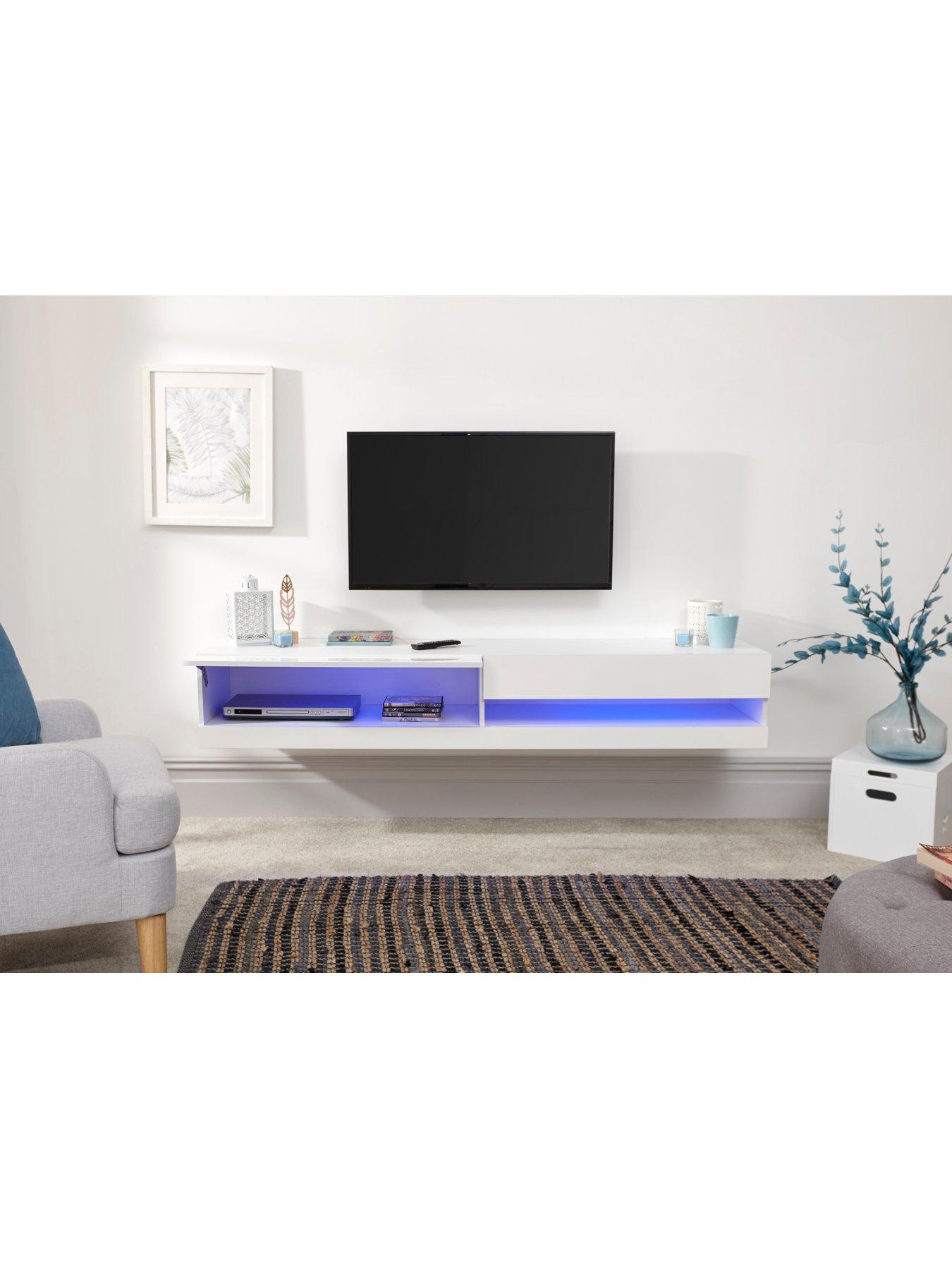 GFW Galicia 150 cm Floating Wall TV Unit with LED Lights - fits up to 65 inch TV - White