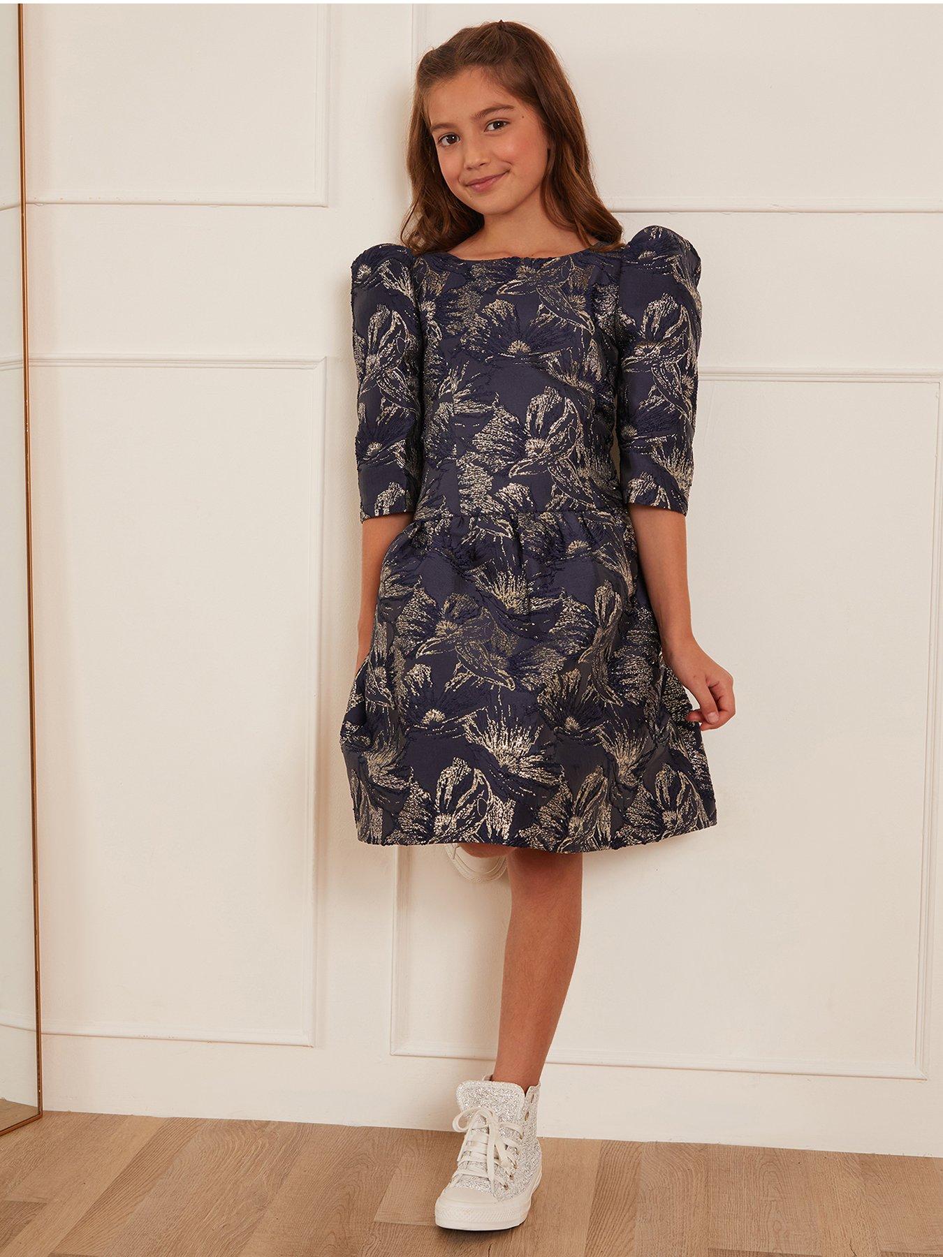 Girls Long Sleeve Jacquard Mini Dress Navy