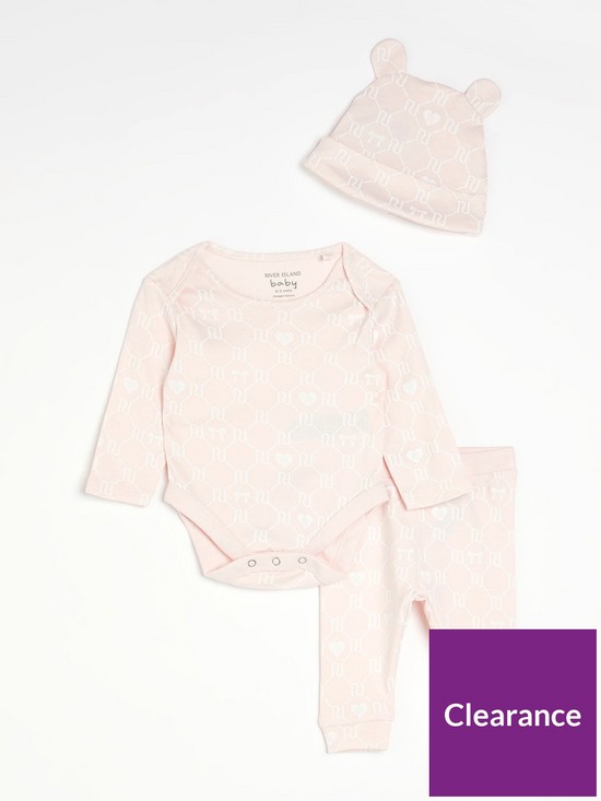 front image of river-island-baby-baby-girls-monogram-babygrow-legging-hat-set-pink