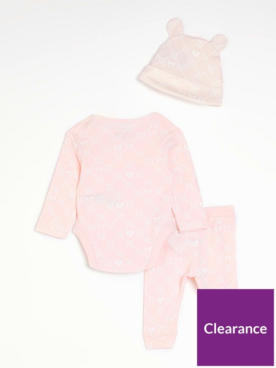 back image of river-island-baby-baby-girls-monogram-babygrow-legging-hat-set-pink