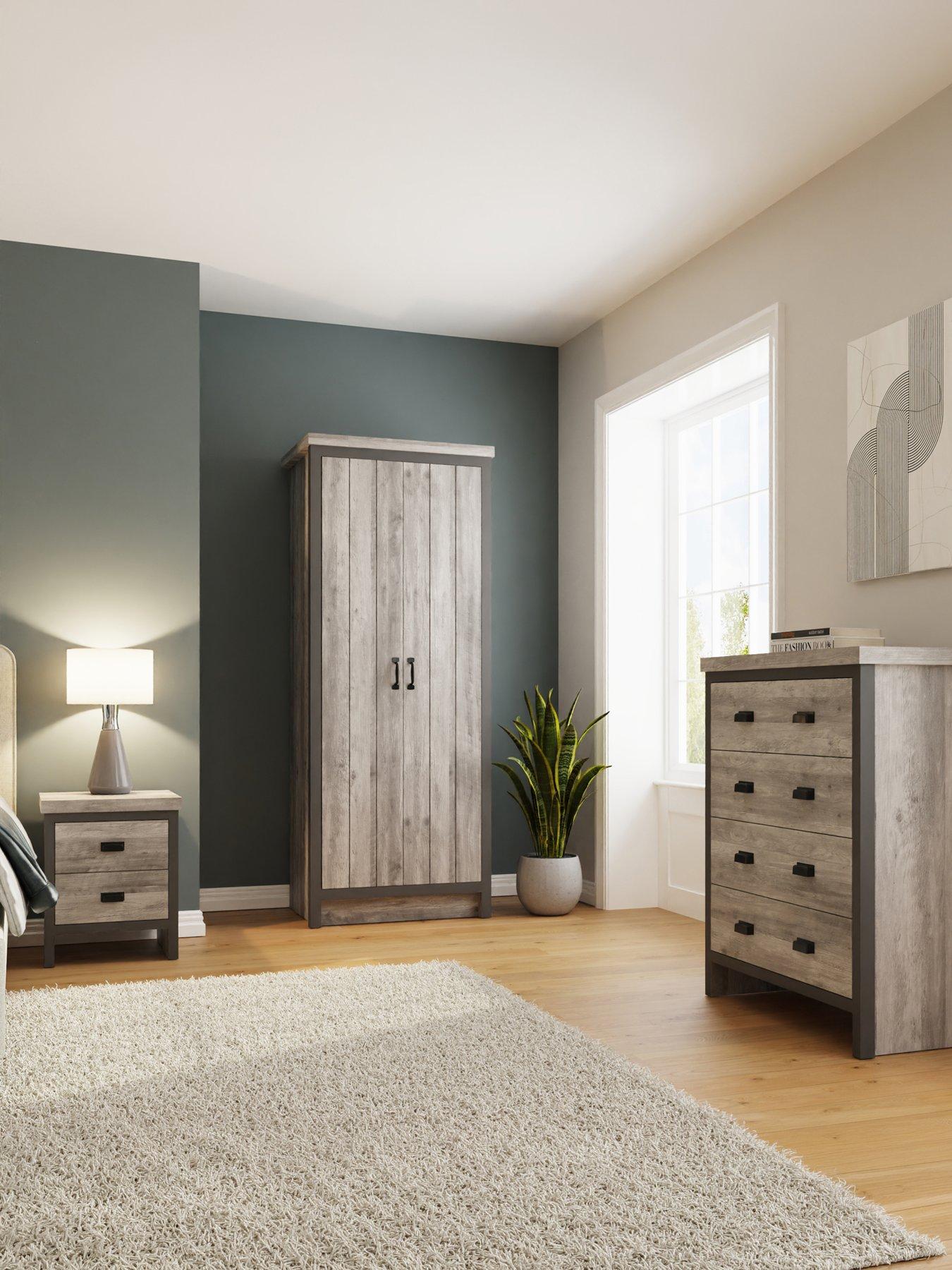 GFW Boston 3 Piece Package - 2 Door Wardrobe, 4 Drawer Chest, Bedside Chest - Grey