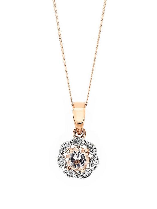 front image of love-gem-9ct-rose-gold-morganite-and-diamond-halo-pendant-necklace-18-inches