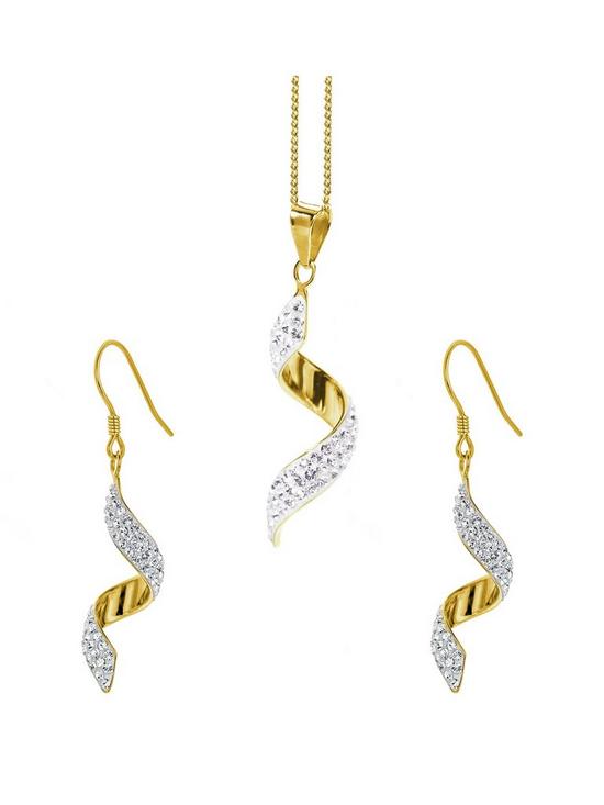 front image of evoke-9ct-gold-plated-sterling-silver-crystal-swirl-hook-earring-and-pendant-set