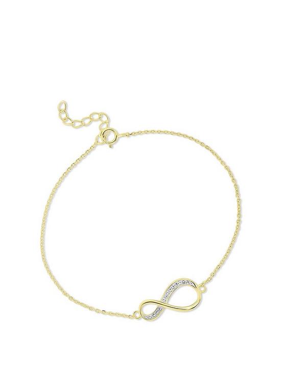 front image of evoke-gold-plated-sterling-silver-crystal-infinity-bracelet