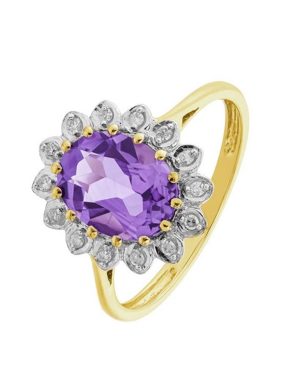 front image of love-gem-9ct-yellow-gold-97-amethyst-and-diamond-cluster-ring