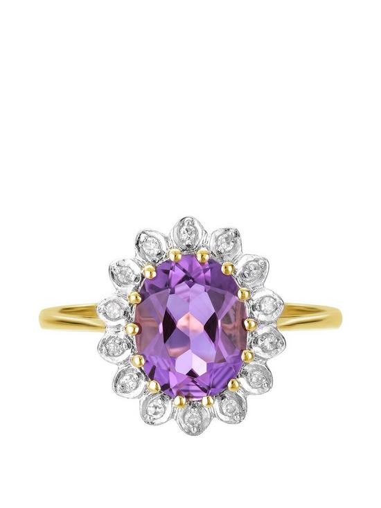 stillFront image of love-gem-9ct-yellow-gold-97-amethyst-and-diamond-cluster-ring