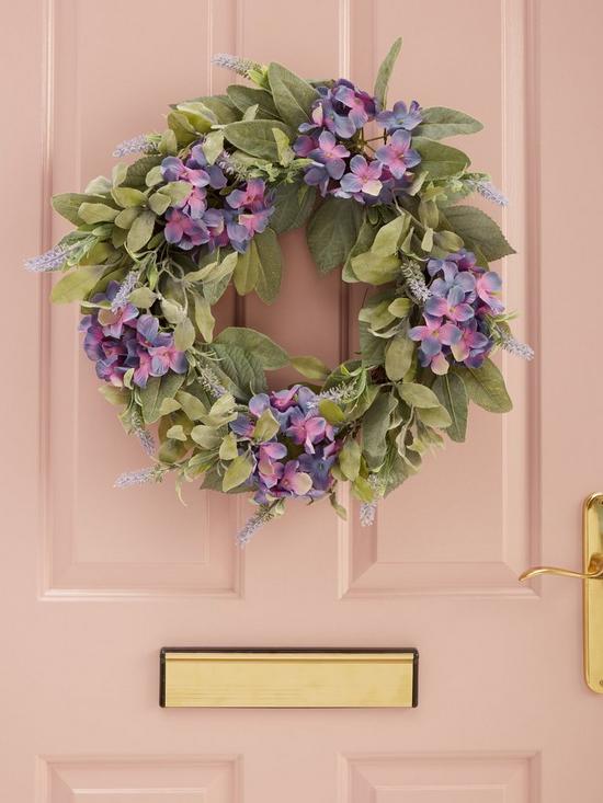 front image of very-home-22-springnbsprattan-wreath-with-purple-hydrangeas