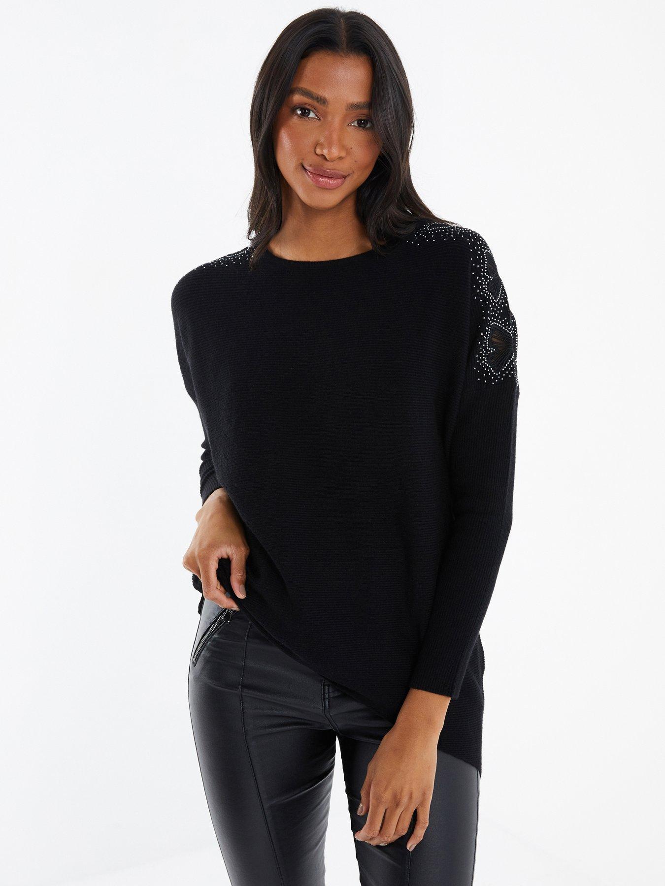 Quiz Light Knit Diamante Bow Jumper Black