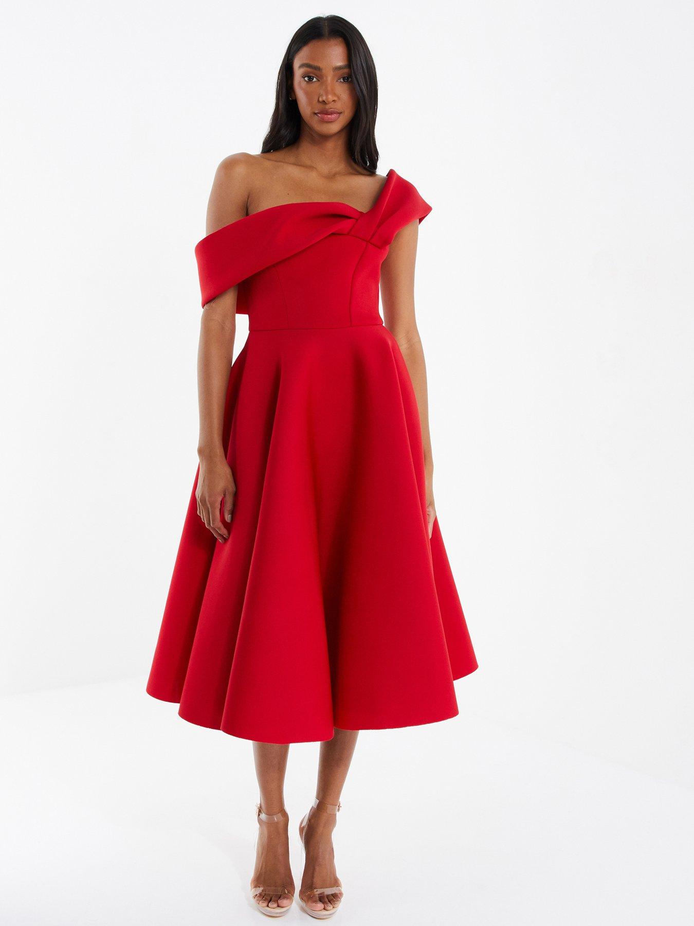 One Shoulder Midi Skater Dress Red