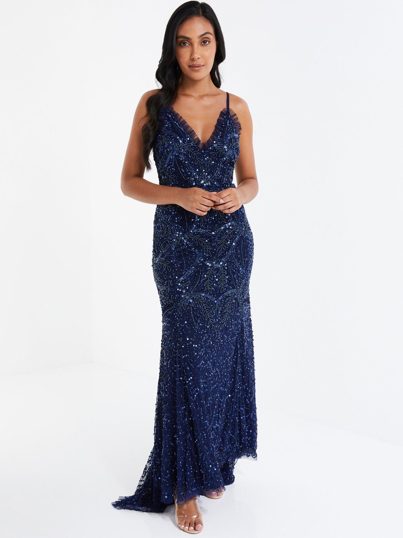 Quiz Petite Sequin Tulle Maxi Dress - Dark Blue | Littlewoods
