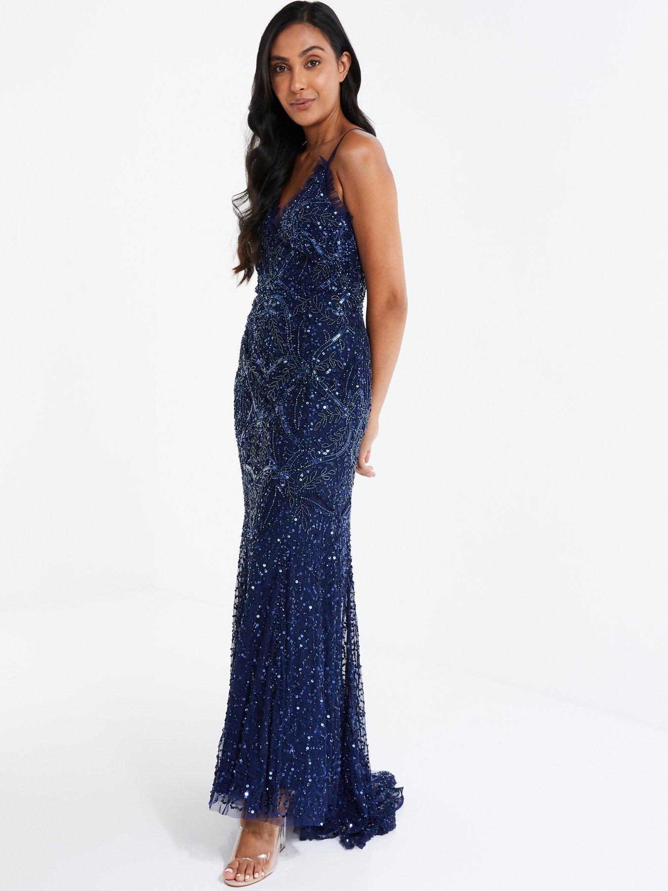 Petite Sequin Tulle Maxi Dress Dark Blue