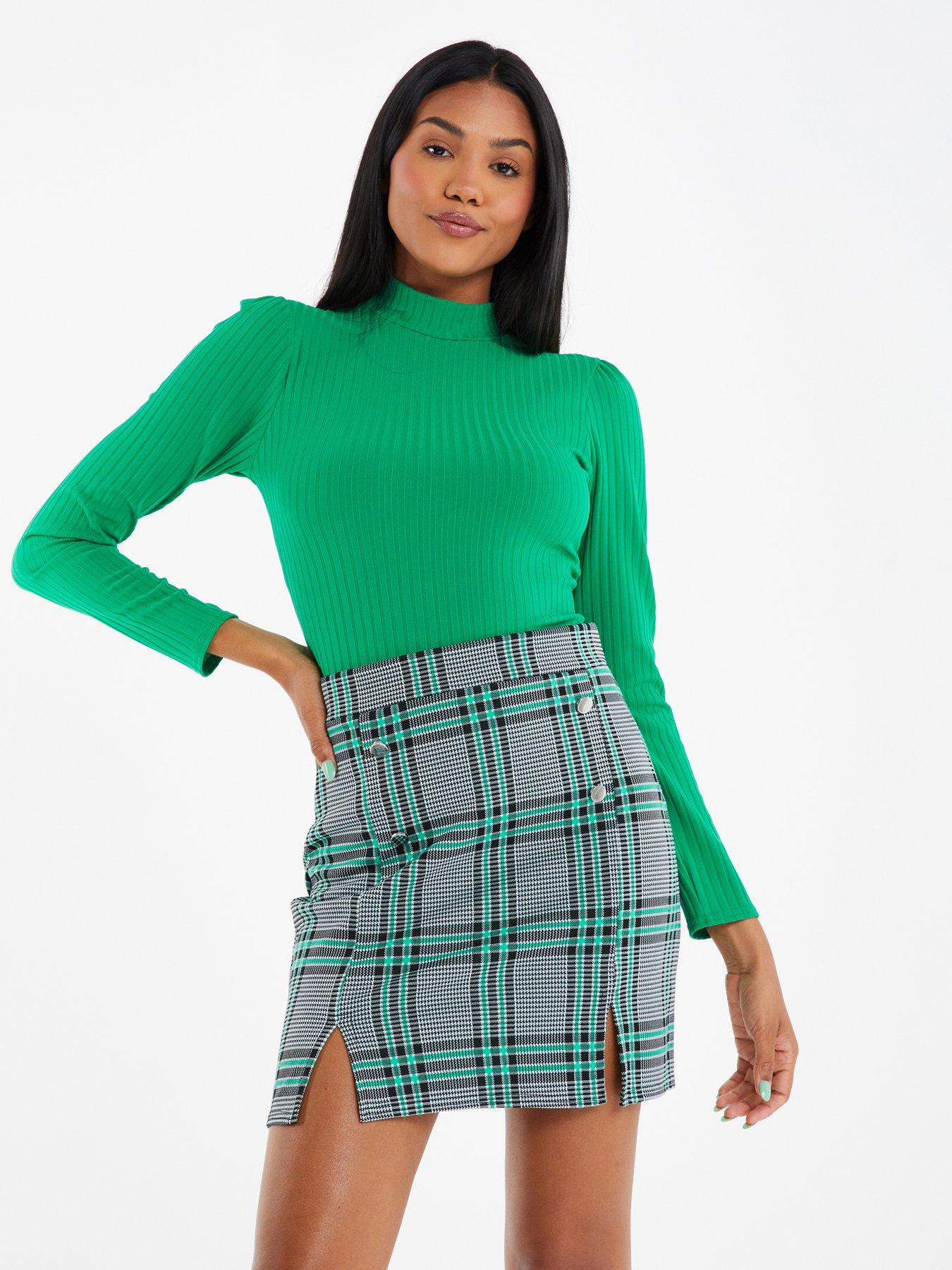 Green check mini outlet skirt