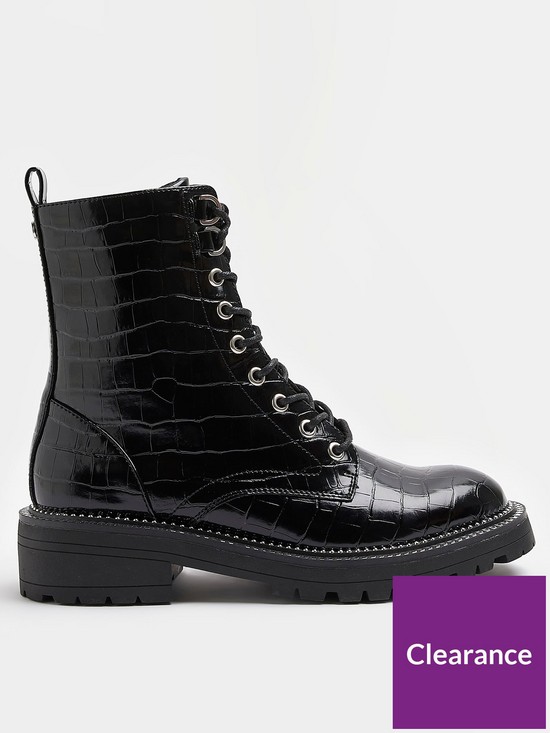 front image of river-island-silver-rand-lace-up-boot-black