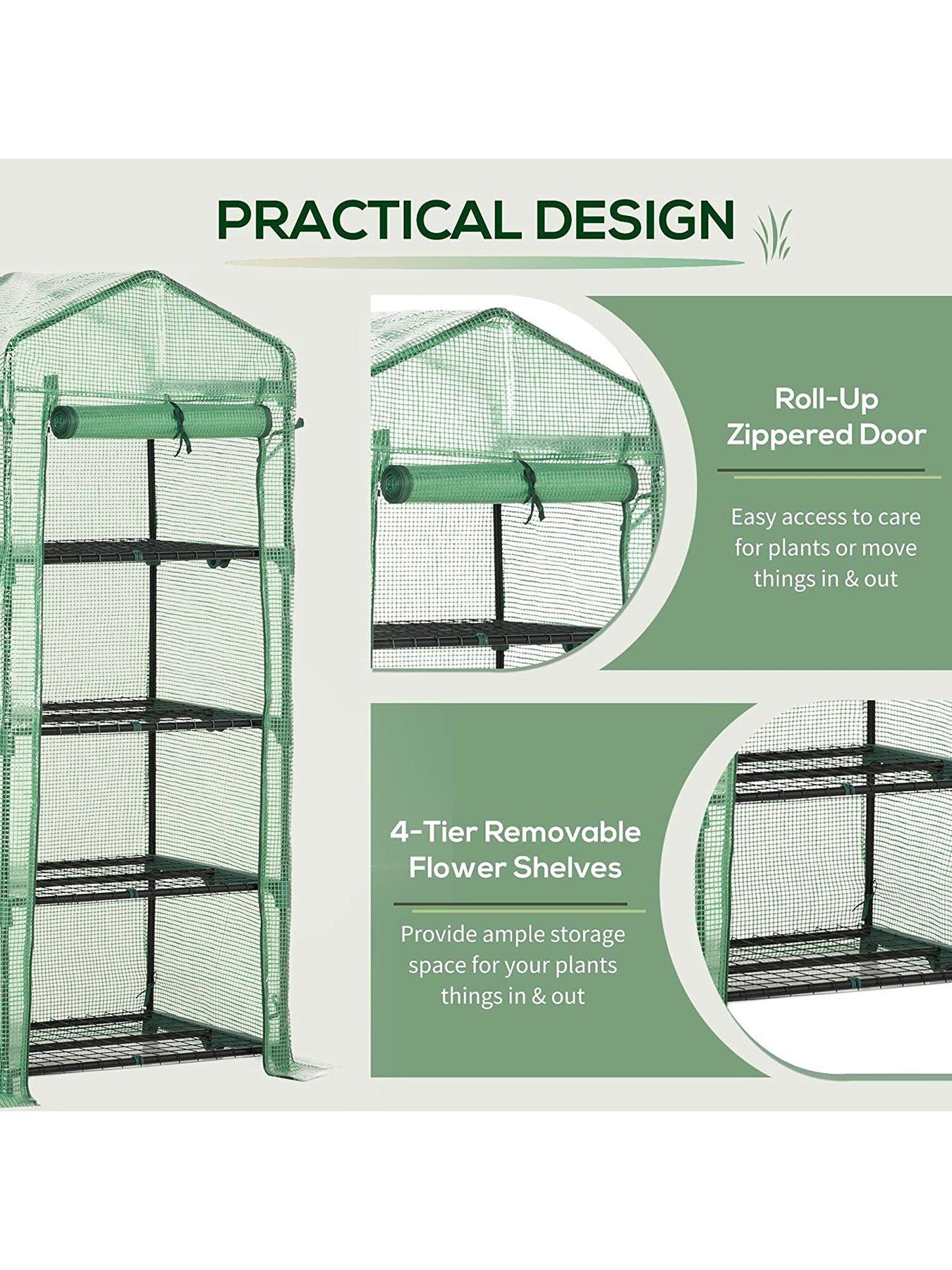  image of outsunny-4-tier-mini-greenhouse-portable-green-house-with-steel-frame-pe-cover-roll-up-door-69-x-50-x-160-cm-green