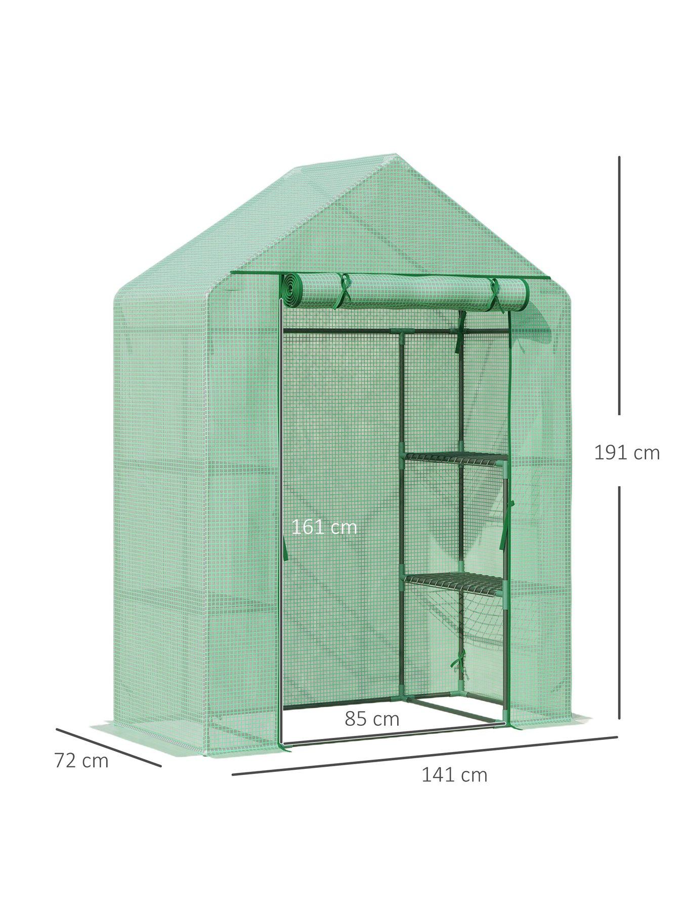  image of outsunny-walk-in-greenhouse-for-outdoor-portable-gardening-plant-grow-house-with-2-tier-shelf-roll-up-zippered-door-pe-cover-141x72x191cm-green