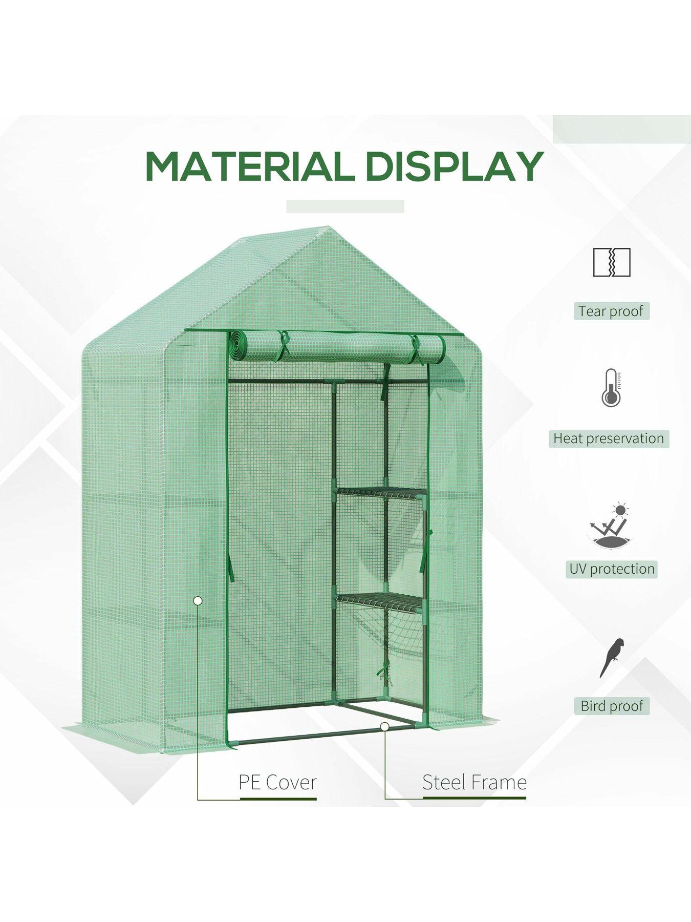  image of outsunny-walk-in-greenhouse-for-outdoor-portable-gardening-plant-grow-house-with-2-tier-shelf-roll-up-zippered-door-pe-cover-141x72x191cm-green