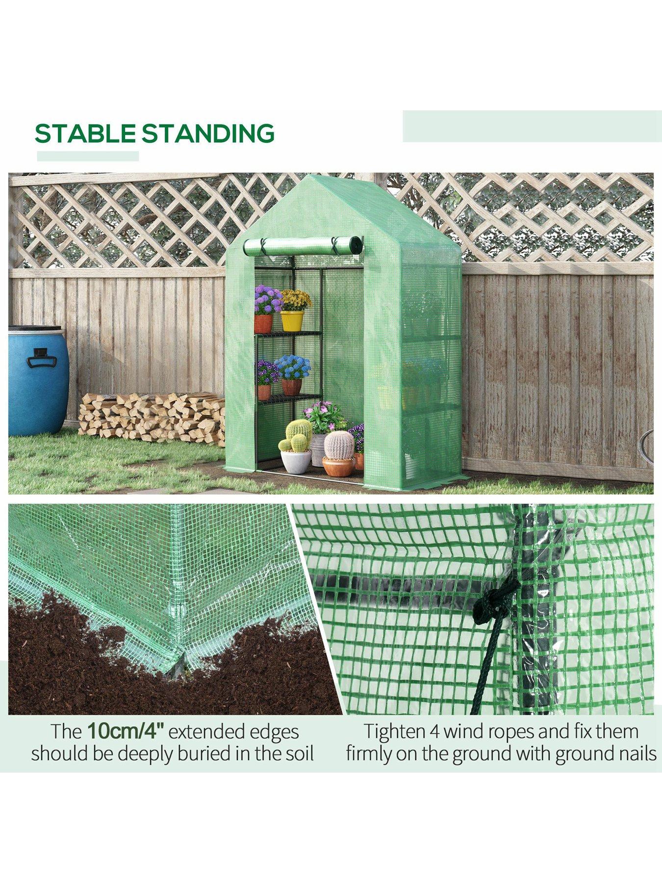  image of outsunny-walk-in-greenhouse-for-outdoor-portable-gardening-plant-grow-house-with-2-tier-shelf-roll-up-zippered-door-pe-cover-141x72x191cm-green