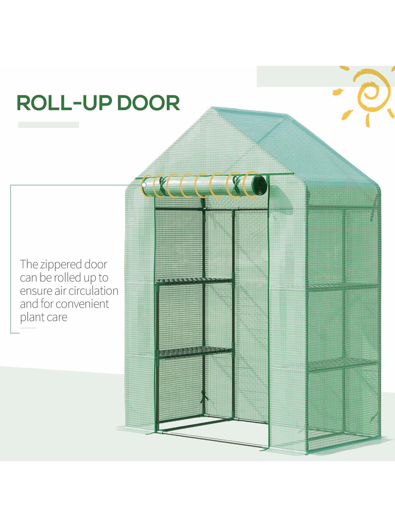  image of outsunny-walk-in-greenhouse-for-outdoor-portable-gardening-plant-grow-house-with-2-tier-shelf-roll-up-zippered-door-pe-cover-141x72x191cm-green