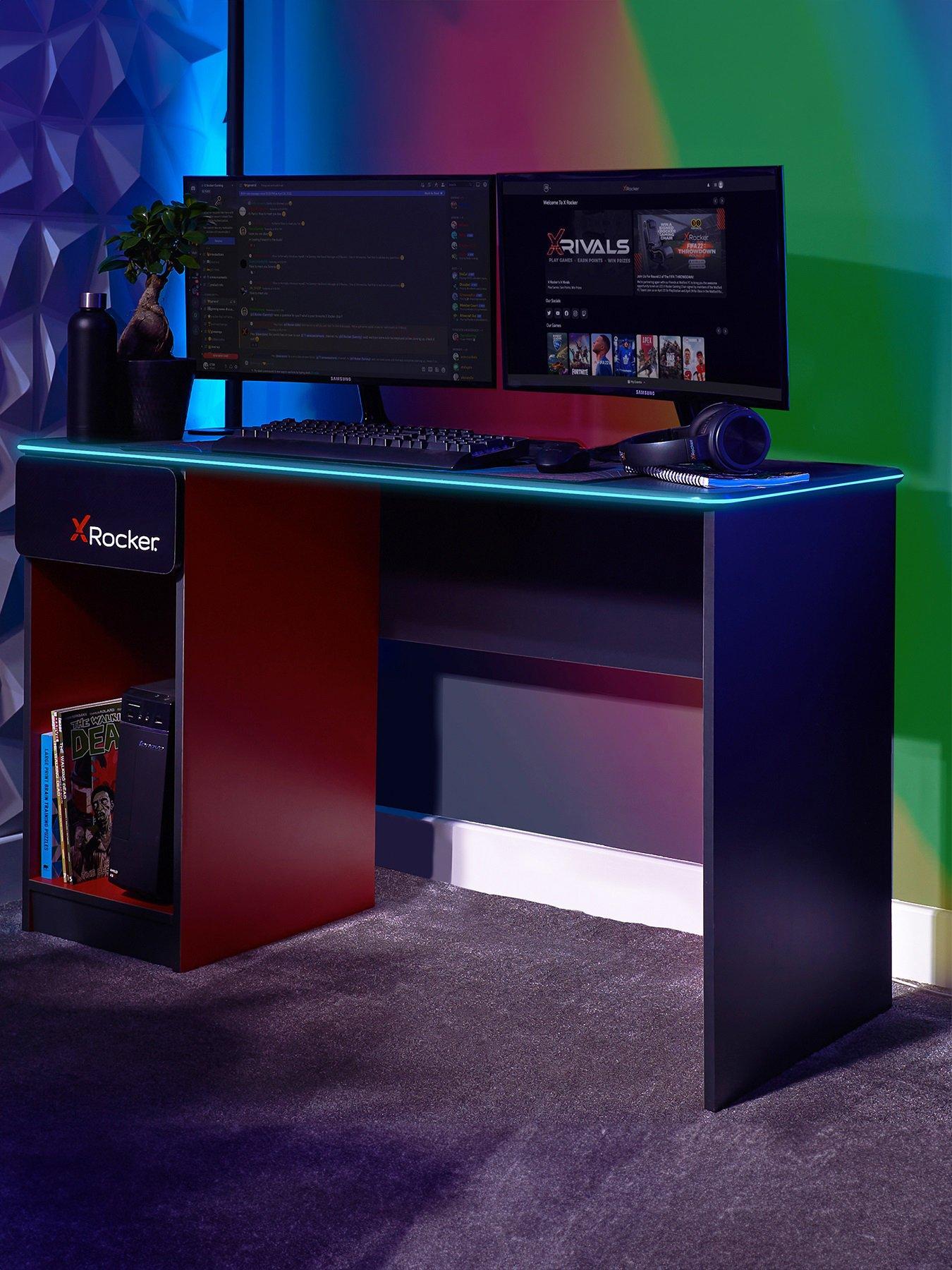 front image of x-rocker-carbon-tek-gaming-desk-with-wireless-charging-and-neo-fibre-led-lighting