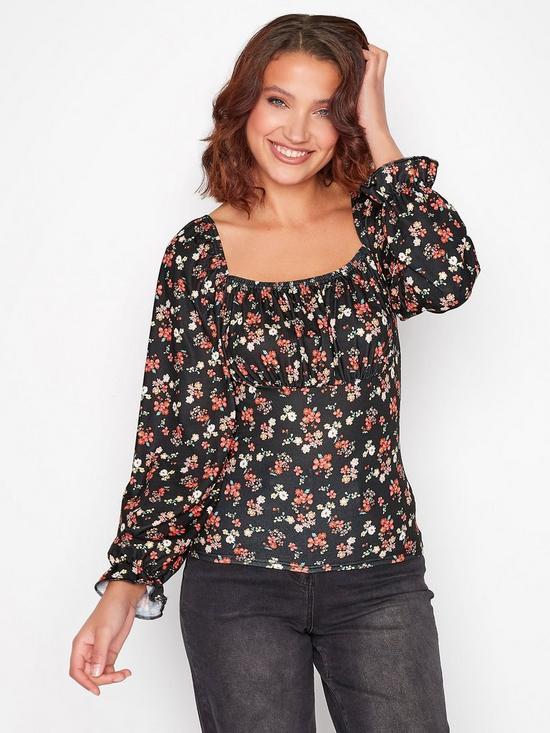front image of long-tall-sally-ditsy-square-neck-print-top-black