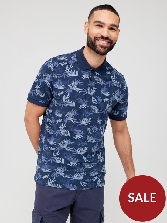 front image of very-man-family-printed-palm-pique-polo-shirt-navy