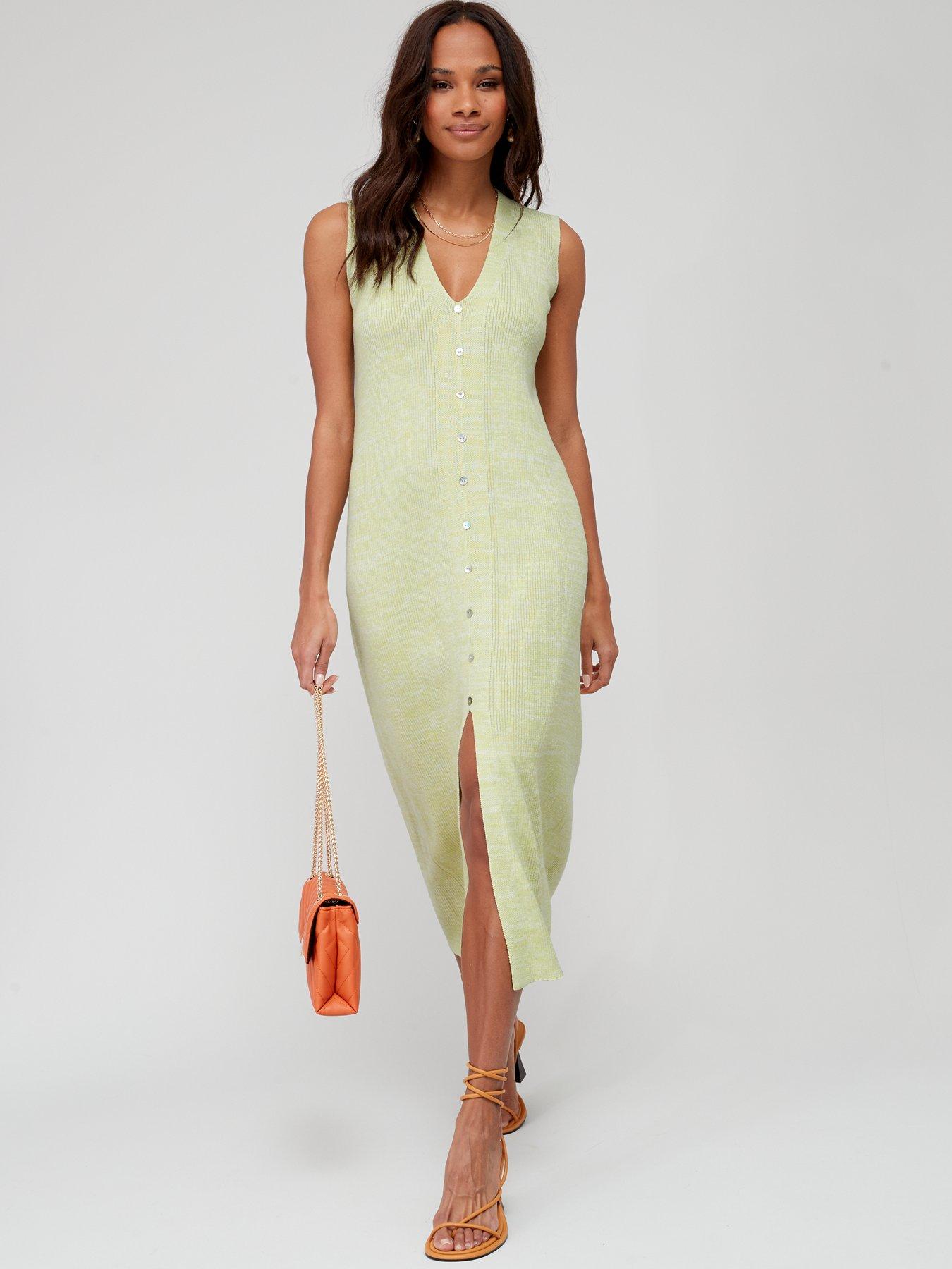 front image of v-by-very-knitted-ribbed-sleeveless-button-down-midi-dress-green