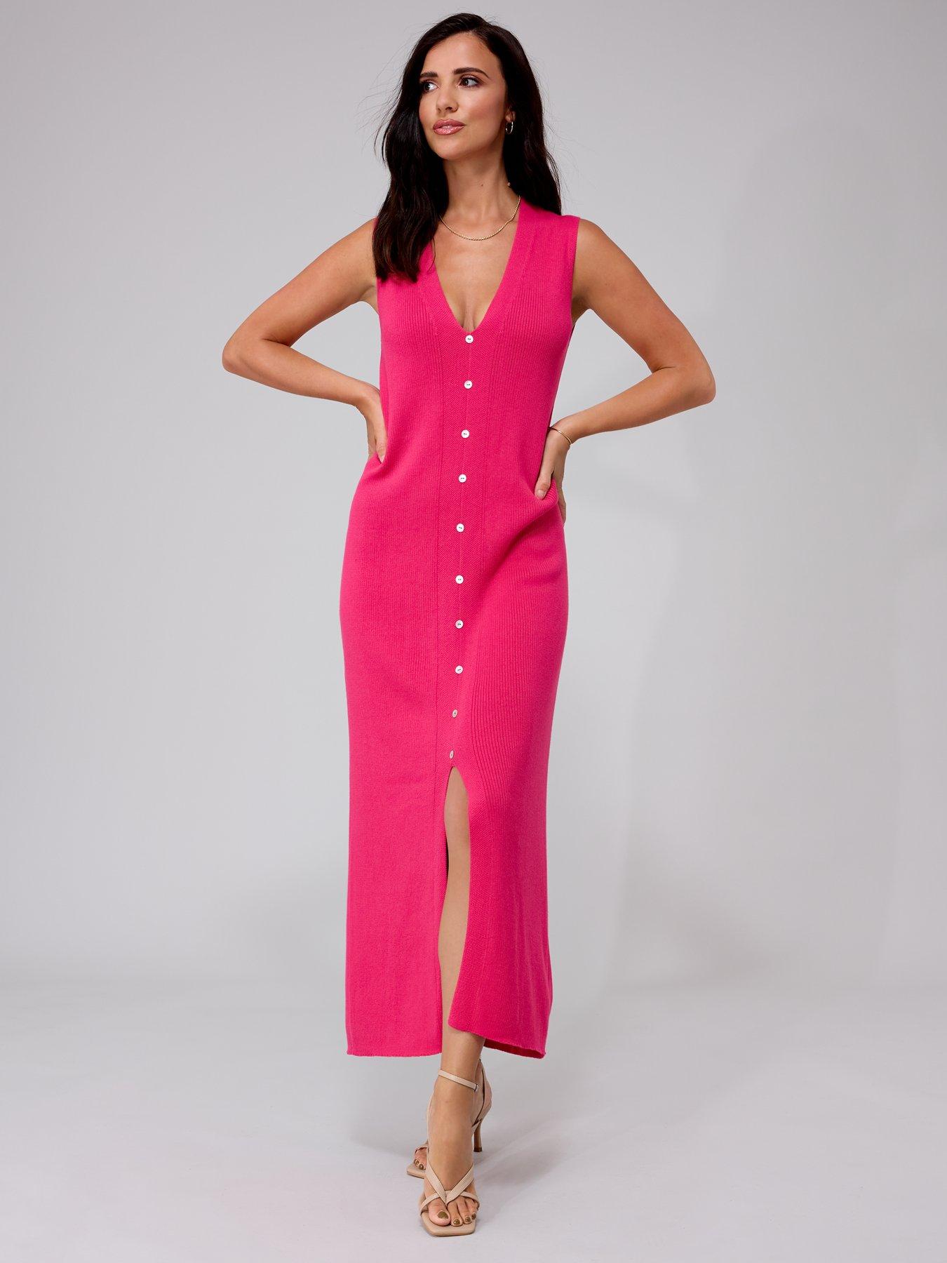 Lucy Mecklenburgh x V by Very Knitted Ribbed Sleeveless Button Down Midi  Dress - Pink