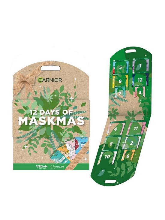front image of garnier-12-days-of-maskmas-advent-calendar-sheet-mask-collection-of-face-eyes-and-lip-masks-perfect-beauty-gift-set-amp-christmas-advent-calendar