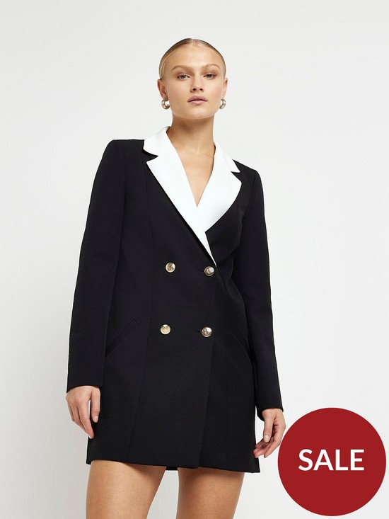 front image of river-island-double-breasted-contrast-blazer-dress-black