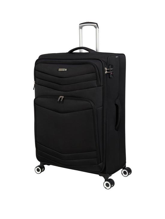 front image of it-luggage-intrepid-black-large-soft-8-wheel-suitcase