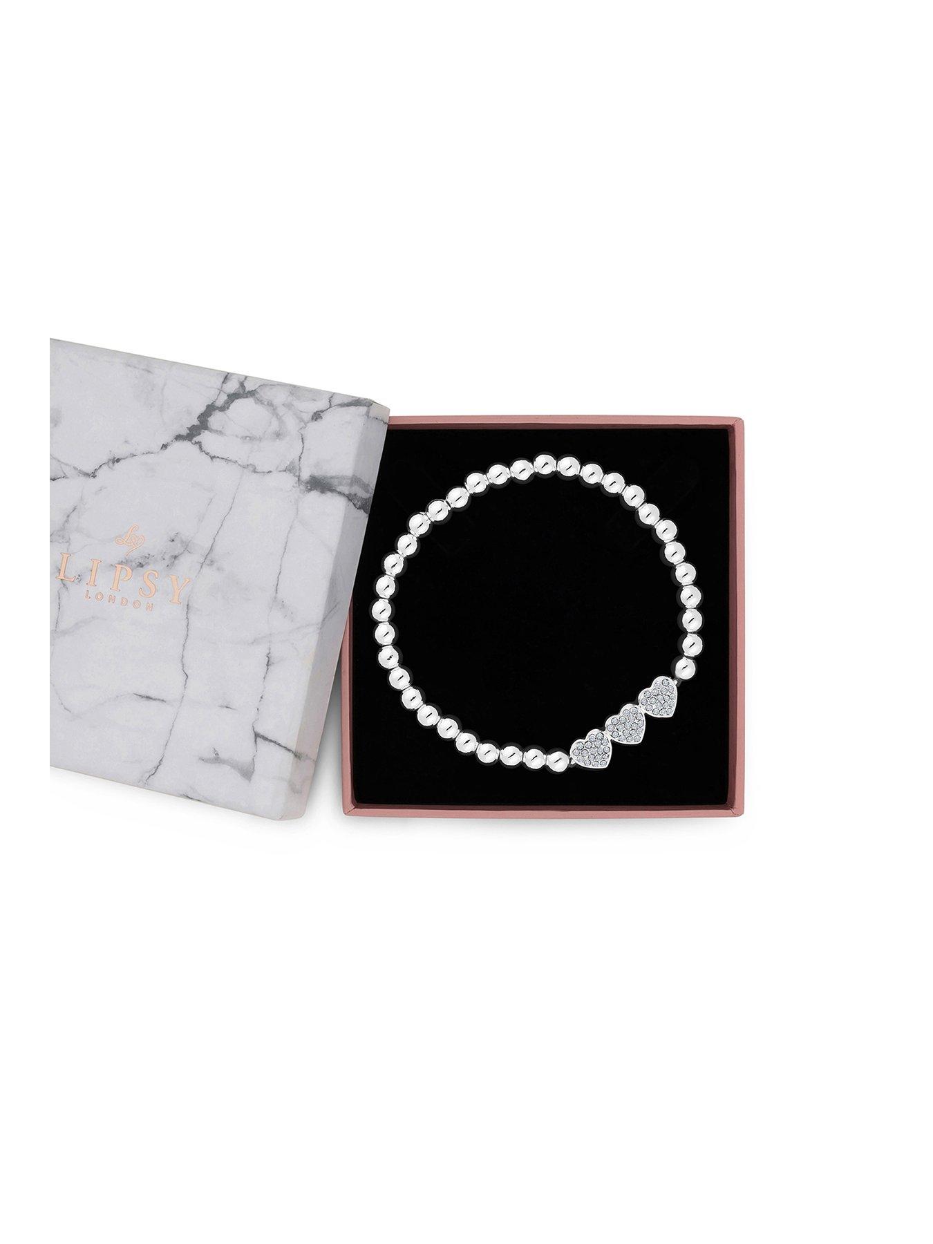 Lipsy Silver Plated Crystal Heart Charm Stretch Bracelet