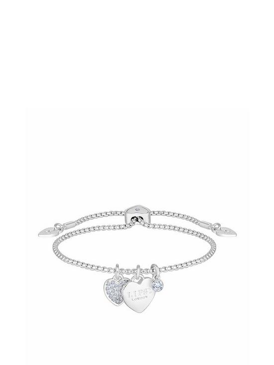 front image of lipsy-silver-plated-crystal-heart-charm-toggle-bracelet