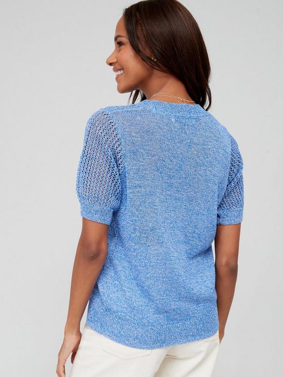 stillFront image of v-by-very-knitted-short-sleeve-jumper-blue