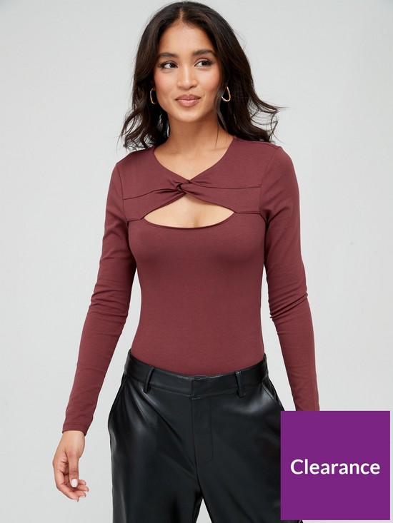front image of v-by-very-cut-out-long-sleeve-bodysuit-brown