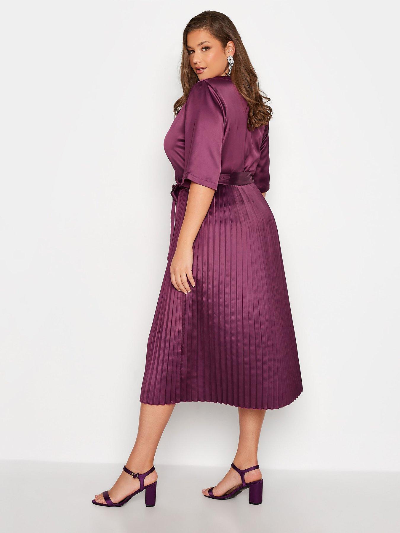 Yours Satin Wrap Pleated Dress Purple
