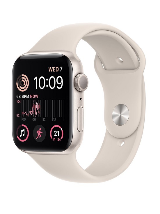 front image of apple-watch-se-gps-2022-44mm-starlight-aluminium-case-with-starlight-sport-band