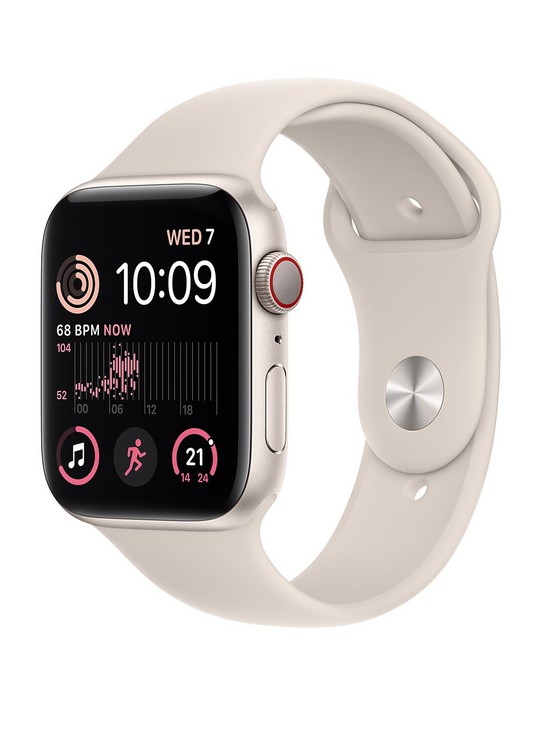 front image of apple-watch-se-gps-cellular-2022-44mm-starlight-aluminium-case-with-starlight-sport-band