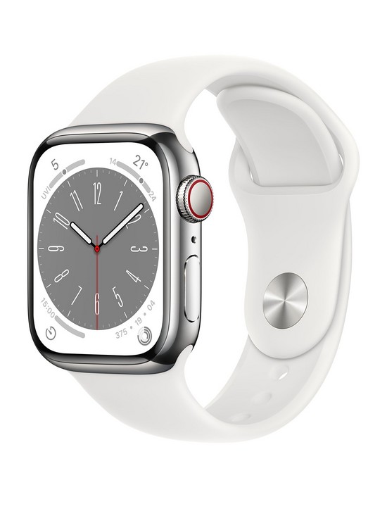 front image of apple-watch-series-8-gps-cellular-41mm-silver-stainless-steel-case-with-white-sport-band