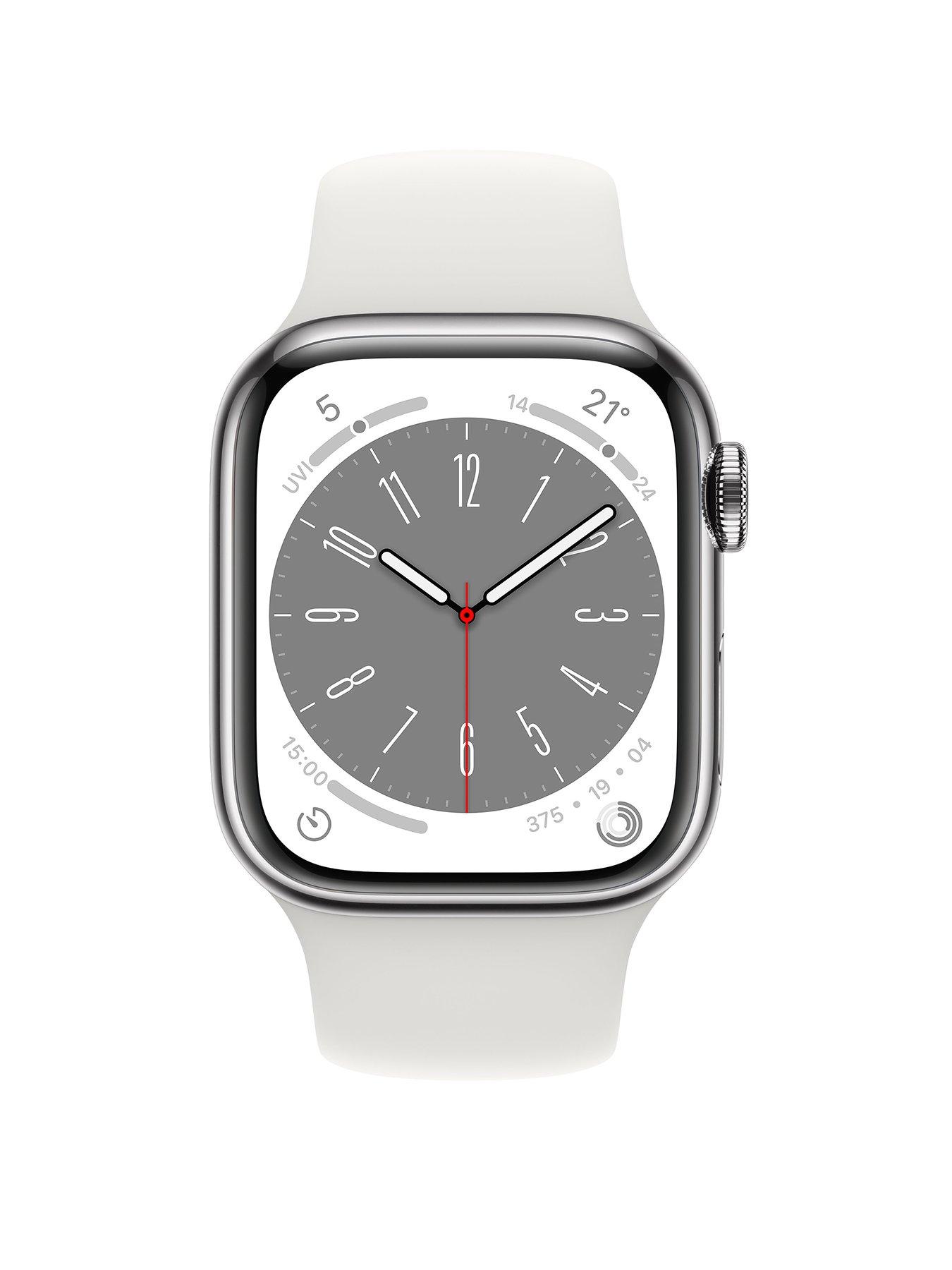 stillFront image of apple-watch-series-8-gps-cellular-41mm-silver-stainless-steel-case-with-white-sport-band