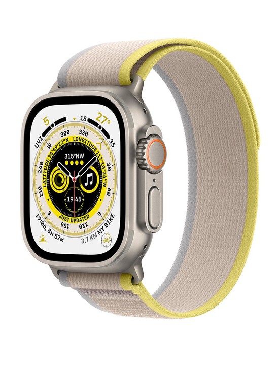 front image of apple-watch-ultra-gps-cellular-49mm-titanium-case-with-yellowbeige-trail-loop--nbspsmallmedium