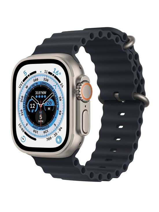 front image of apple-watch-ultra-gps-cellular-49mm-titanium-case-with-midnight-ocean-band