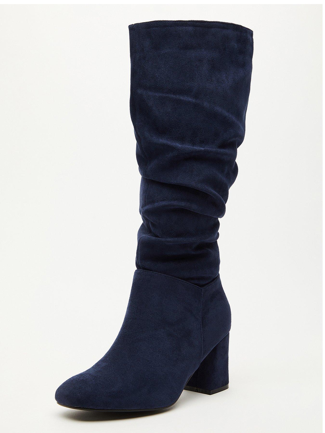 Quiz Wide Fit Faux Suede Ruched Heeled Boots Dark Blue littlewoods