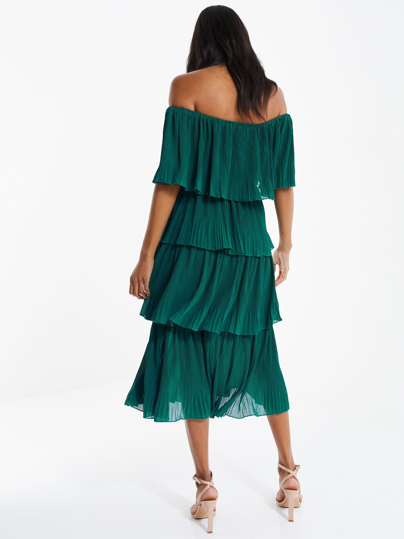 Quiz Bardot Tiered Midaxi Dress - Dark Green | Littlewoods