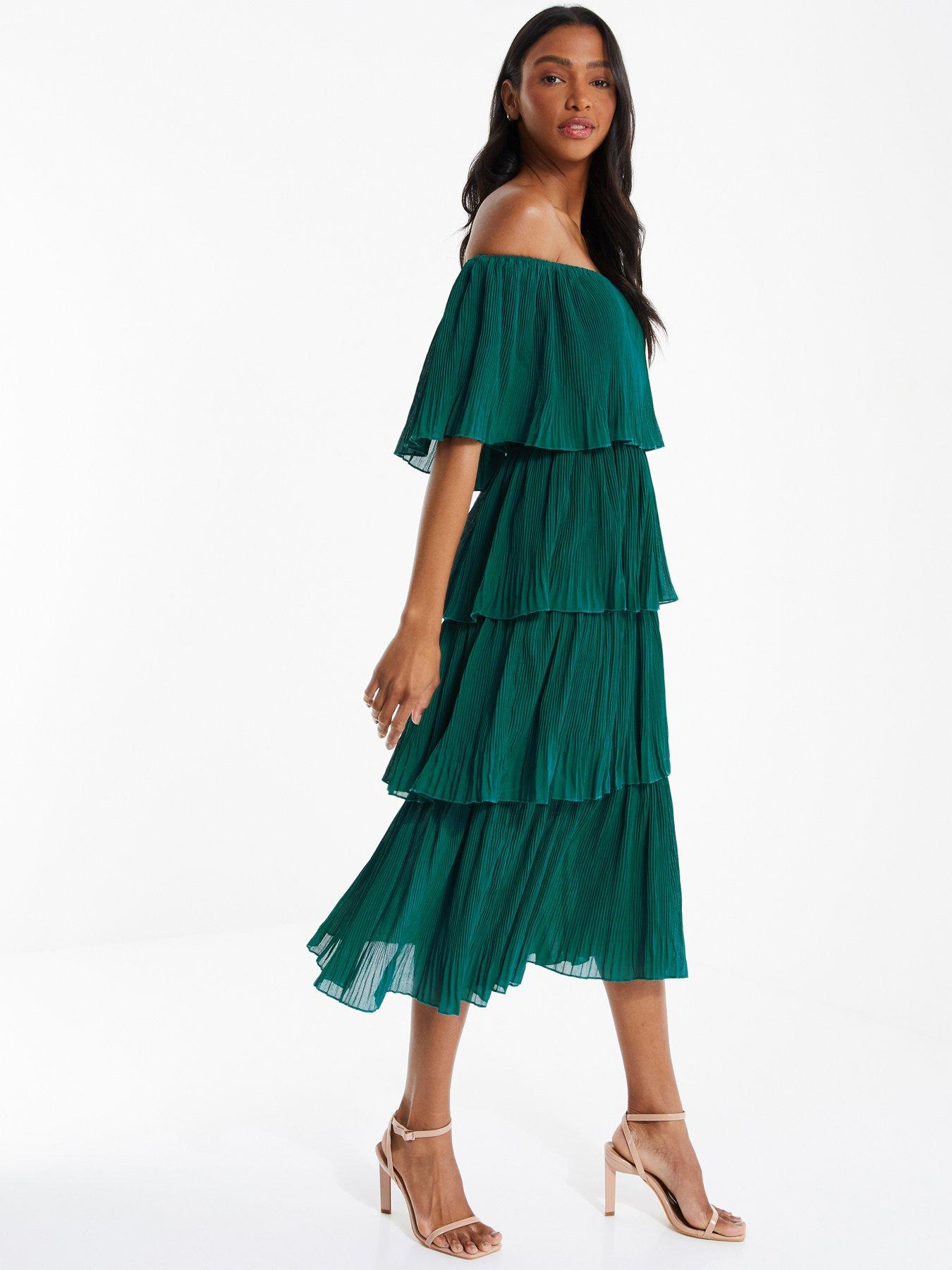 Quiz Bardot Tiered Midaxi Dress - Dark Green | Littlewoods
