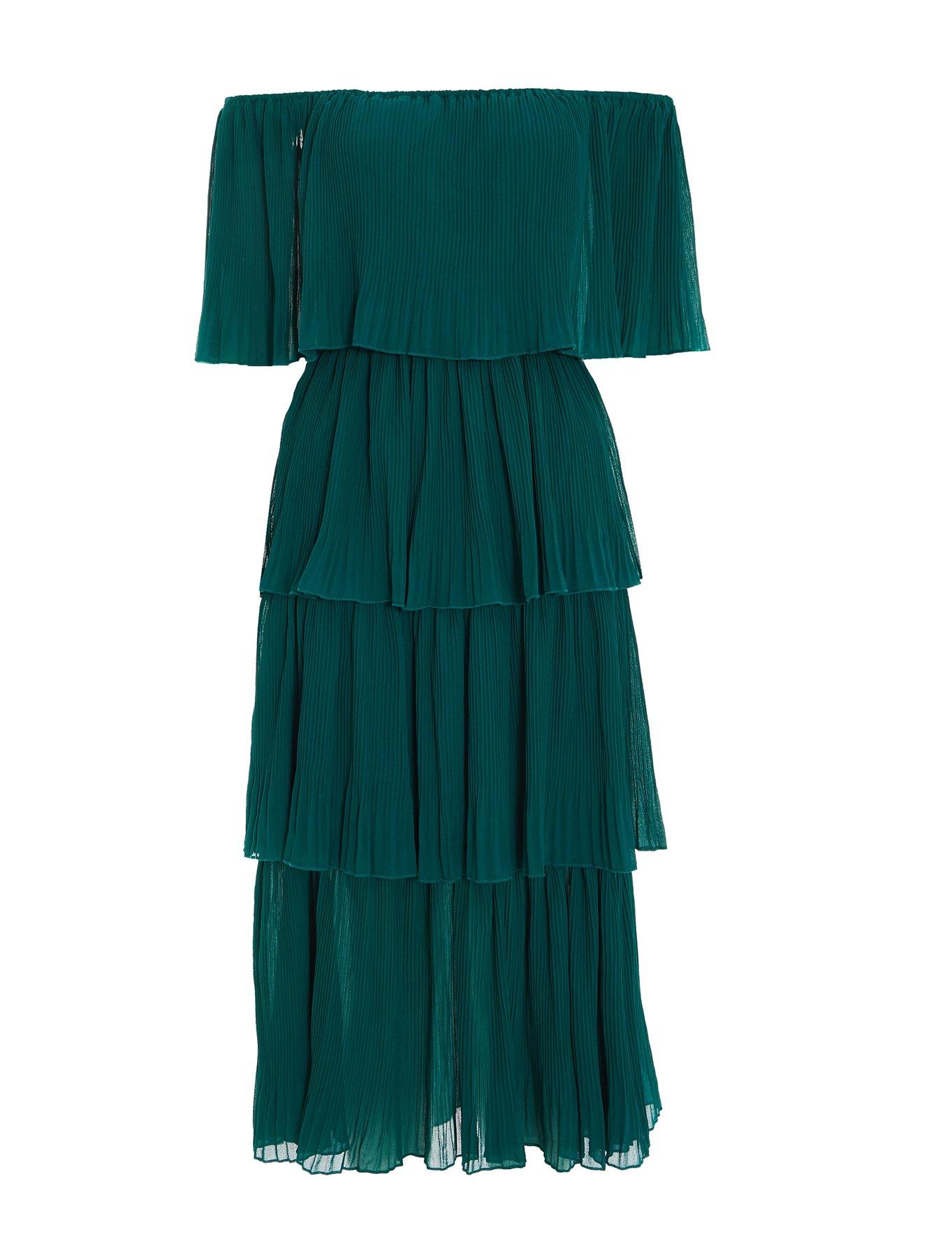 Quiz Bardot Tiered Midaxi Dress - Dark Green | Littlewoods